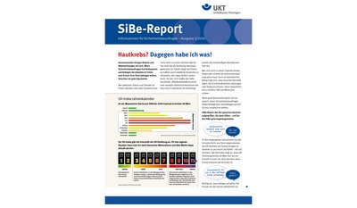 Ein Informationsblatt mit dem Titel "SiBe-Report", das sich mit Hautkrebsprävention befasst, enthält einen UV-Index-Jahreskalender und Textinformationen zur Sicherheitsvorsorge.