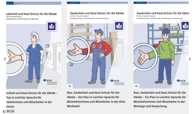 Drei Illustrationen zeigen Menschen in unterschiedlichen Arbeitsumgebungen mit dem Titel "Sauberkeit und Haut-Schutz für die Hände" jeweils für Wäscherei, Holz-Werkstatt, und Montage und Verpackung.